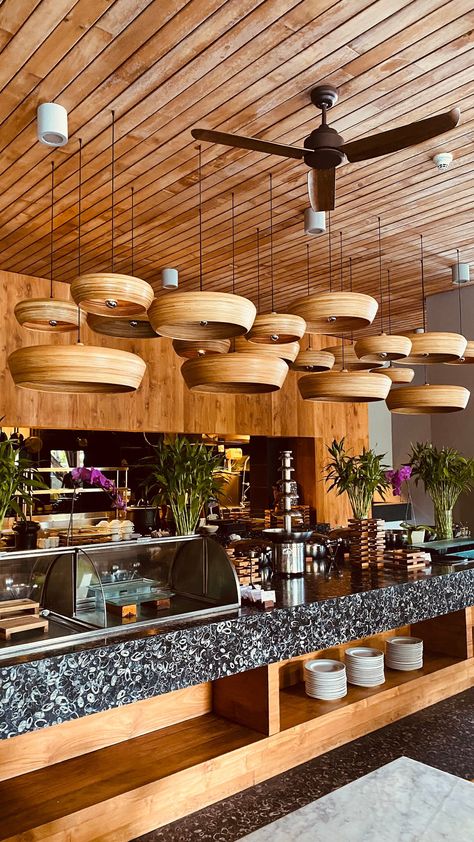 Bamboo Coffee Shop, Beach Coffee Shop, Cluster Lighting, Bamboo Lighting, Bamboo Restaurant, Mexican Restaurant Decor, Boat Noodle, Farm Cafe, Wooden Crate Boxes