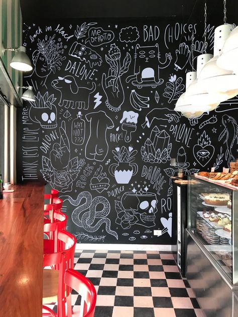 Restaurant Chalkboard Ideas, Mural Tattoo, Rock Baby Clothes, Local Bakery, Cute Coffee Shop, Chalk Wall, Party Room, Funny Tattoos, Mural Design