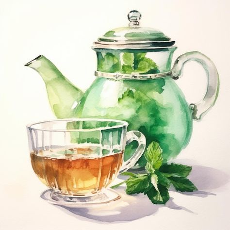 Teapot and cup of mint tea on a table | Premium Photo #Freepik #photo #tea-watercolor #tea-illustration #tea-day #afternoon-tea Thé Aesthetic, Teapot Painting, Tea Time Illustration, Watercolor Tea, Arabic Tea, Teapot And Cup, Moroccan Mint Tea, Tea Illustration, Colored Pencil Techniques