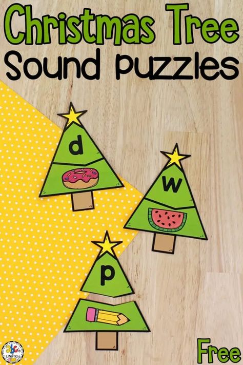 These Christmas Tree Beginning Sound Puzzles are a fun and festive way for kids to practice identifying initial sounds this holiday season! Holiday Activities For Kindergarten, Phonics Christmas Activities, Christmas Phonics Activities, Preschool Christmas Literacy Activities, Christmas Literacy Activities Preschool, Christmas Kindergarten Activities, Christmas Alphabet Activities, Christmas Reading Centers, Christmas Letter Sound Activities