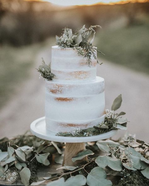 Minimal Wedding Cake Simple, Wedding Cake For Outdoor Wedding, Undone Wedding Cake, 2 Layer White Wedding Cake, Wedding Cake Minimalist Rustic, Simple Wedding Cake With Eucalyptus, Rustic Modern Wedding Cake, Simple Wedding Cake Boho, Natural Wedding Cake Rustic