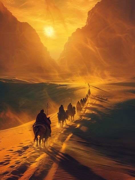 Caravan in Desert with Radiating Sun Desert Caravan, Rembrandt Lighting, Nomad Aesthetic, Desert Nomad, Anime Landscape, Inspirational Digital Art, Desert Environment, Photography Movies, Camping Aesthetic