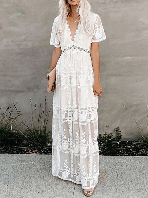 Casual Styles Boho Lace Maxi Dress, White Bohemian Dress, Floral Lace Maxi Dress, White Lace Maxi Dress, White Lace Maxi, Loose Maxi Dress, Long Beach Dress, White Short Dress, Boho Lace