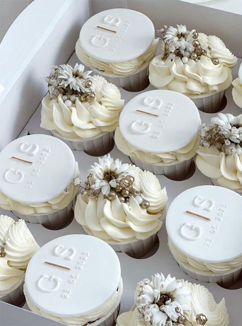 Decorated Cupcakes For Wedding, Cupcake Wedding Cake Elegant, Wedding Cupcakes With Initials, Cupcakes Engagement Party, Wedding Cupcakes Ideas Elegant White, Nikkah Cupcakes, White Wedding Cake With Cupcakes, Engaged Cupcakes, White Cupcakes Decoration