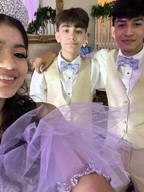 Purple Quinceanera Court, Purple Quince Court, Purple Quince Chambelanes, Purple Chambelan Outfits, Lilac Chambelanes Outfits, Chambelanes Outfits Quinceanera Purple, Quinceanera Tuxedos, Quince Decorations Purple, Light Purple Quince