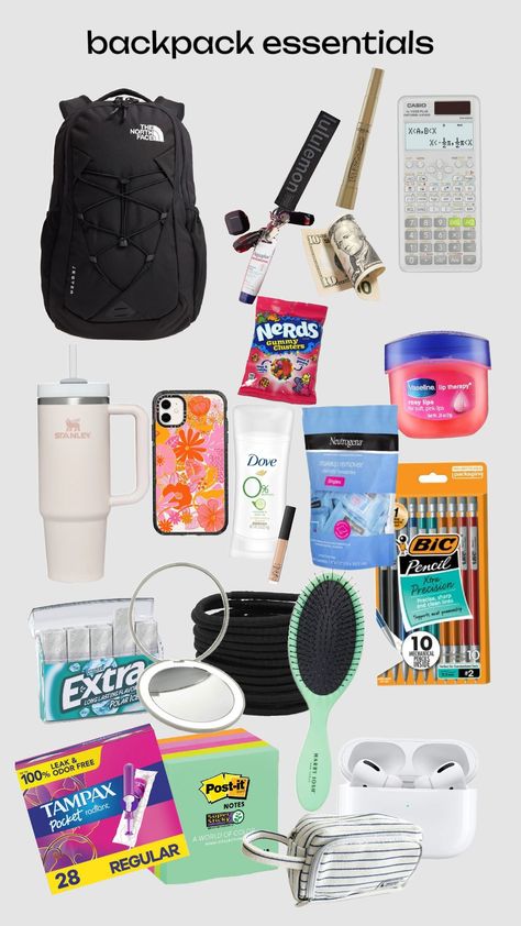 backpack essentials Backpack Layout, Backpack Essentials Highschool, School Emergency Kit, School Backpack Essentials, Middle School Survival, Backpack Essentials, School Bag Essentials, Berry Ave, School Survival