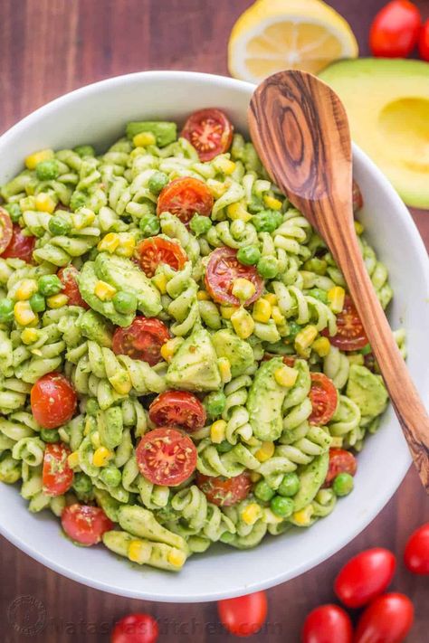 The secret ingredient in this Creamy Avocado Pasta Salad recipe will impress you! This avocado pasta salad is easy, creamy, vibrant, fresh and so satisfying! | natashaskitchen.com Pasta Salad With Avocado Dressing, Creamy Avocado Pasta Salad, Pasta Salad With Avocado, Salad With Avocado Dressing, Creamy Avocado Pasta, Avocado Salad Dressing, Avocado Pasta Salad, Pasta Cremosa, Salad With Avocado