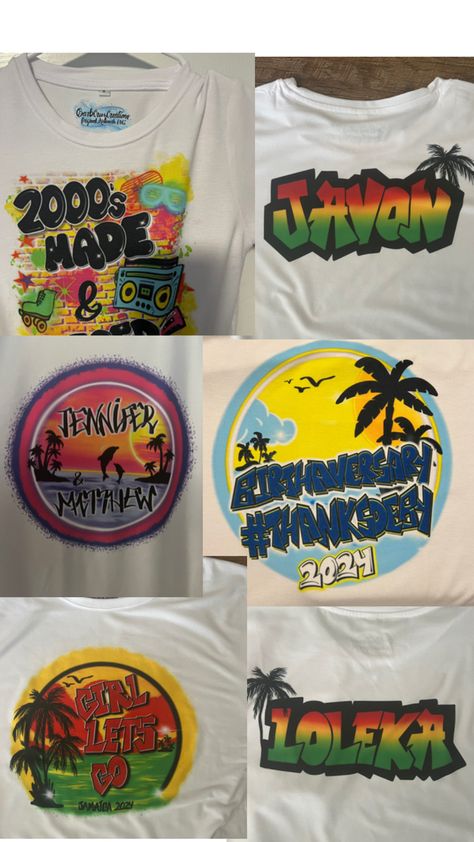 Custom airbrush retro 90s style shirts! Great for birthdays, anniversary, skate party, vacations, BACH parties, and more! Airbrush Shirts, Spray Paint Colors, Custom Airbrushing, Spray Paint, Paint Colors, Shirt Style, Spray, Paint, T Shirt