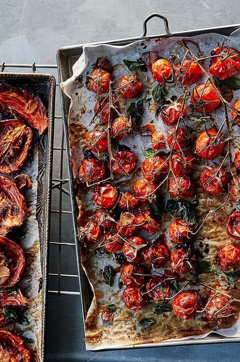 Slowly cooking summer-ripe tomatoes in a low oven makes them candy-sweet. Turn to this recipe to preserve the summer bounty from your garden or farmers' market; it freezes well for up to 6 months. #vegetables #vegetablerecipes #vegetabledishes #healthyrecipes Oven Dried Tomatoes, Slow Roasted Tomatoes, Roasted Vegetable Recipes, Bread Salad, Ripe Tomatoes, Tasty Bites, Dried Tomatoes, Roasted Tomatoes, Side Dish Recipes