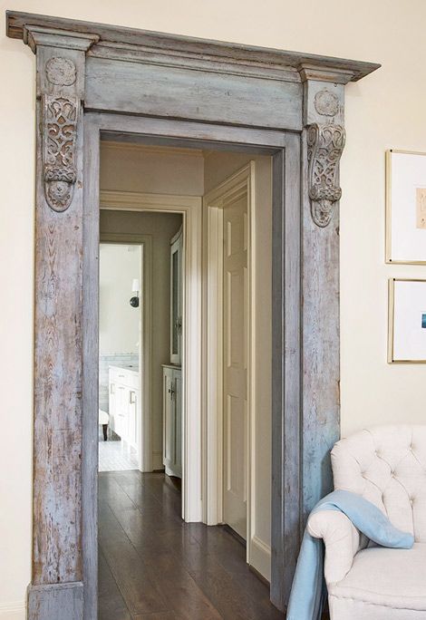 Easy to make vintage looking doorway.  Great idea for a mirror frame too!  @Natalie Nordhagen, this looks like a project for you! Houston Houses, Open Door, Old Door, Old Doors, A Living Room, Style At Home, Door Frame, My New Room, Home Fashion