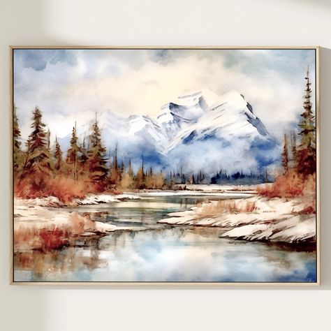 Banff National Park Print, Canada Landscape Wall Art Print, Painting of Mountains, Travel Gift, Original Watercolor Print, World Traveler Art.  MATCHING ITEMS:  https://www.etsy.com/shop/DarDanArtStudio?ref=shop-header-name&listing_id=1506762193&search_query=Banff - Giclee print on acid-free archival paper. - Printed from my original watercolor landscape painting. - In order to offer a variety of standard sizes, some artwork may vary slightly from the listing photo due to different ratios. - SIZES: You can choose from the following available standard sizes: 5x7 inches 8x10 inches 11x14 inches 12x16 inches 12x18 inches 16x20 inches 18x24 inches 20x30 inches 24x36 inches - NOT FRAMED and NOT MATTED, pictures in interior for demo purposes only. - Without white border. - Print will process and Canada Painting Ideas, Banff Painting, Canadian Landscape Art, Alaska Watercolor Painting, Canada Painting, Xmas Watercolor, Canada Landscape, Water Coloring, Mountains Travel