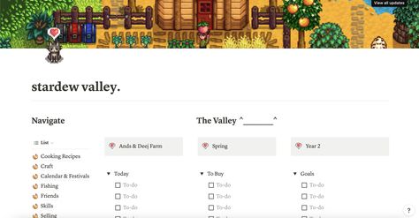 notion template for a wonderful amazing farm in Stardew Valley ! Stardew Valley Notion Template, Stardew Notion, Stardew Valley Notion, Stardew Decor, Goal Calendar, Notion Templates, Notion Template, Stardew Valley, Life Organization