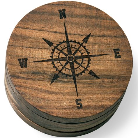 PRICES MAY VARY. 3.5 inch round coaster Engraved Design Solid Acacia Wood Engraved and Shipped in Louisville Satisfaction Guaranteed - Free Returns 3.5 inch handmade round coaster made of solid acacia wood. Engraved design. Coasters come in a set of 4. Wood Burned Gifts, Rose Drink, Drink Coaster Design, Beach Coasters, Nautical Compass, Bar Coasters, New Homeowner Gift, Cnc Projects, Wood Works