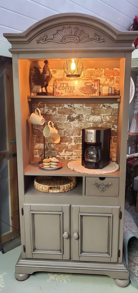 Coffee Bar In Salon, Coffee Bar Out Of Hutch, China Cabinet Redo Coffee Stations, Dresser Turned Into Coffee Bar, Tea Bar Ideas Kitchen Counter, Repurposed Corner Cabinet, Coffee Bar From Hutch, Coffee Bar Armoire Ideas, Vintage Coffee Bar Ideas