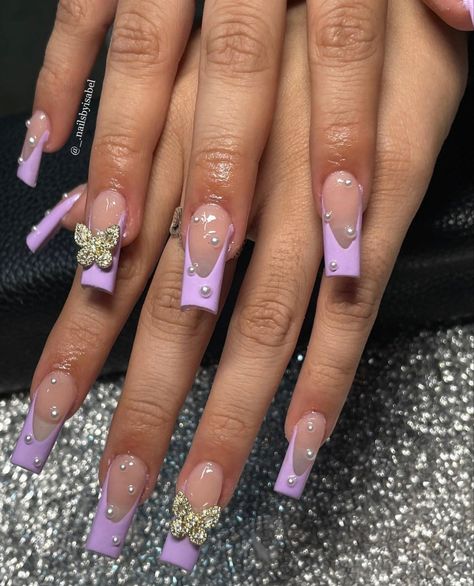 Purple French Tip Nails With Bling, Purple French Tip With Pearls, Purple French Tip Nails With Charms, Purple French Tip Birthday Nails, Purple French Tip, Purple French Tip Nails, French Tip Nails With Bow Charm, Acrylic Nails Bow Charm, Purple Acrylic Nails