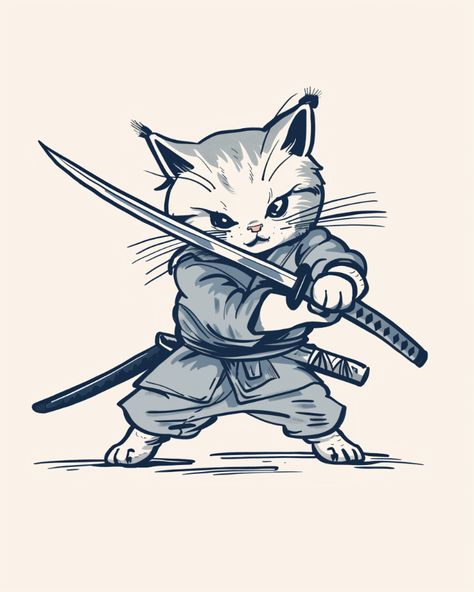 This adorable cat is dressed as a traditional Japanese samurai, bravely wielding a sword. It perfectly combines cuteness with a sense of power, ready to fend off any challengers. This design captures the unique blend of whimsical and warrior spirit.#Samurai #Cat #Art #Japan #Katana #animal #cute Animal Warrior, Samurai Chibi, Cat Ninja, Catfolk Samurai, Ninja Cat Drawing, Japanese Cat Art, Animal Samurai, Samurai Cat Tattoo, Samurai Dog