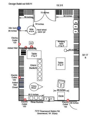 Studio Floor Plan - First Draft Clay Studio Layout, Ceramic Studio Ideas, Pottery Studio Ideas, Pottery Shed, Studio Floor Plans, Studio Floor, Studio Layout, Workshop Plans, Studio Shed