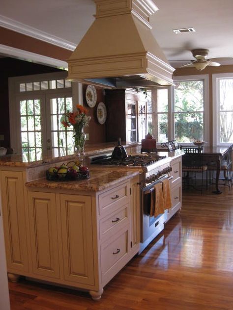 Island With Stove, Kitchen Island With Stove, Unique Kitchen Design, Colonial Kitchen, Rustic Kitchen Island, Small Kitchen Island, Kitchen And Bath Remodeling, Kitchen Stove, Kitchen Island Design