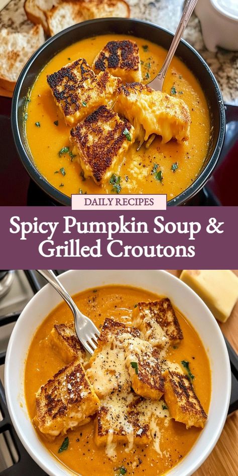 Indulge in the perfect fall comfort food with this Spicy Pumpkin Soup + Grilled Cheese Croutons recipe. This creamy and flavorful soup is elevated with a touch of spice, while the crispy grilled cheese croutons are the ultimate savory topping. Warm up your soul with each spoonful of this delicious combination. Try it now and experience the cozy flavors of the season! Savory Fall Soups, Savory Comfort Food, Soup And Bread Recipes, Pumpkin Recipes Savory, Soup And Bread, Soup Grilled Cheese, Crispy Grilled Cheese, Soup Night, Spicy Pumpkin Soup