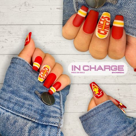 Kc Chiefs Football Nails, Chiefs Football Nails, Football Nails Design, Chiefs Nails, Yellow Gel Polish, Nfl Nails, Football Nail Designs, Football Nail Art, Sports Nails