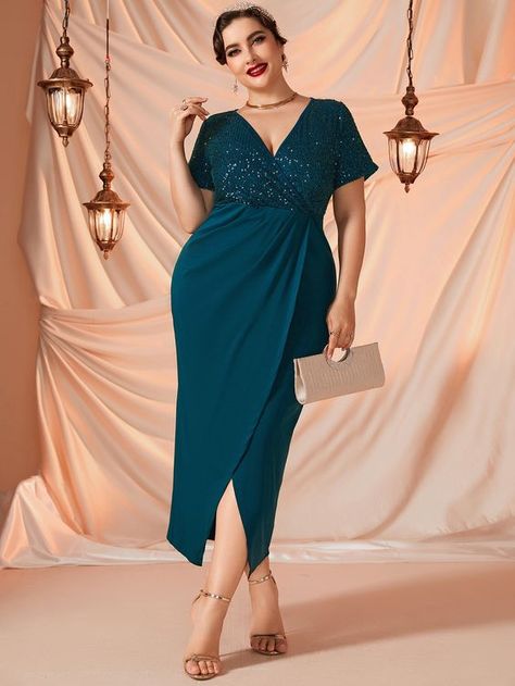 Teal Blue Glamorous Short Sleeve Polyester Plain Fitted Embellished High Stretch All Plus Size Dresses Sequence Dress, Plus Size Formal Dresses, Shein Dress, Column Dress, Mothers Dresses, Midi Dress Casual, Burgundy Dress, Dress P, Dress Patterns