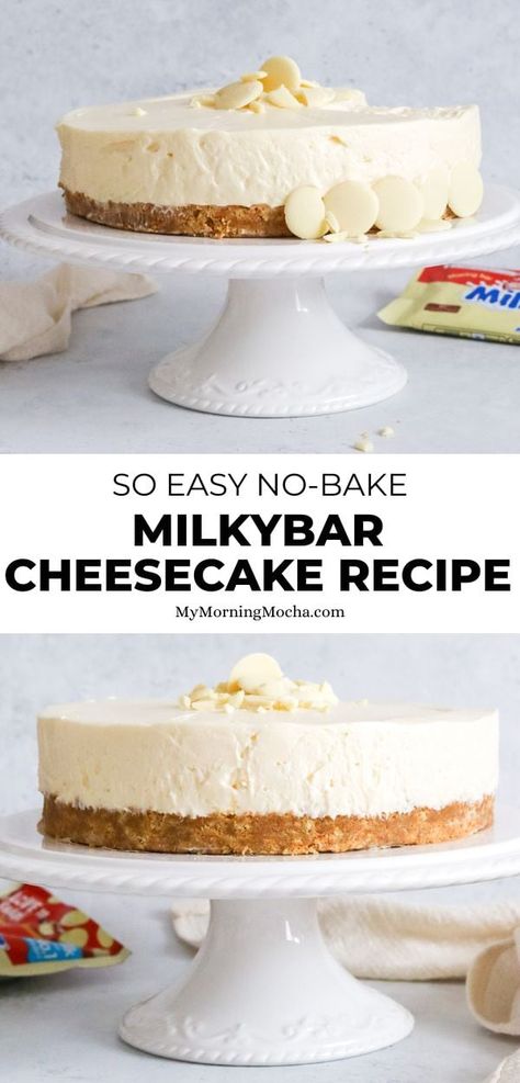 Here's how to make a milkybar white chocolate cheesecake with this easy no-bake recipe. It tastes insanely good and is very easy to make too! Milk Chocolate Cheesecake, Cheesecake Design Ideas, No Bake White Chocolate Cheesecake, Cheesecake White Chocolate, White Chocolate Cheesecake Bars, Cheesecake Recipe No Bake, White Chocolate Cheesecake Recipes, Baked White Chocolate Cheesecake, Milk Chocolate Recipes