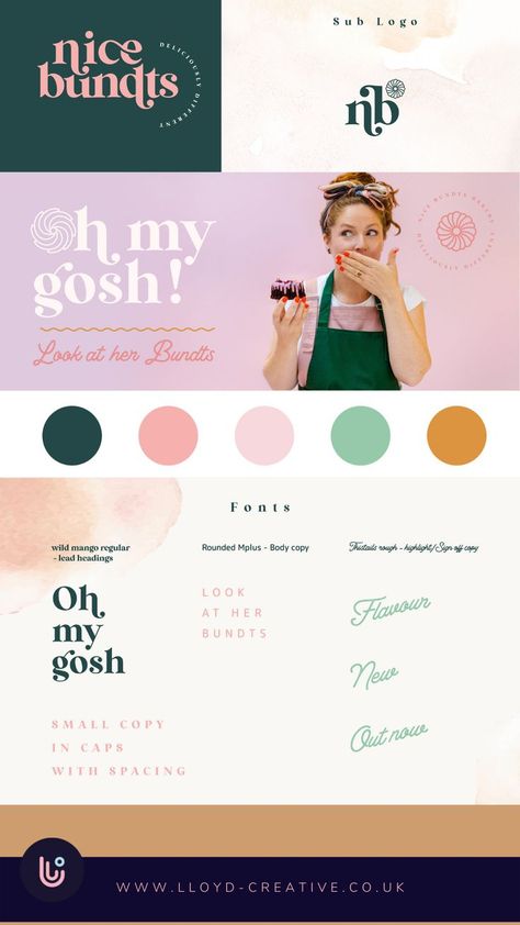 Behind the scenes and process of the rebranding for a mini bundts bakery. This brand board concept was vintage style with fun brand elements and beautiful fonts. An earthy colour palette, with a feminine touch of pink and a little bit of cheekiness. Branding for female entrepreneurs, creative brand design, font design, vintage brand inspiration #brandmoodboard Creative Brand Color Palette, Brand Identity Photography, Happy Branding Design, Fun Feminine Branding, Bakery Colour Palette, Brand Elements Visual Identity, Vintage Pink Color Palette, Girly Branding Design, Brand Moodboard Inspiration