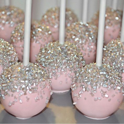 Winterland Birthday Party Pink, Pink Glitter Cake Pops, Pink Wonderland Birthday Party, Sparkly Pink Baby Shower, Sparkle Baby Shower Ideas, Sparkly Cake Pops, Cake Pops Winter Wonderland, Pink And Silver Cake Pops, Winter Wonderland Cakepops