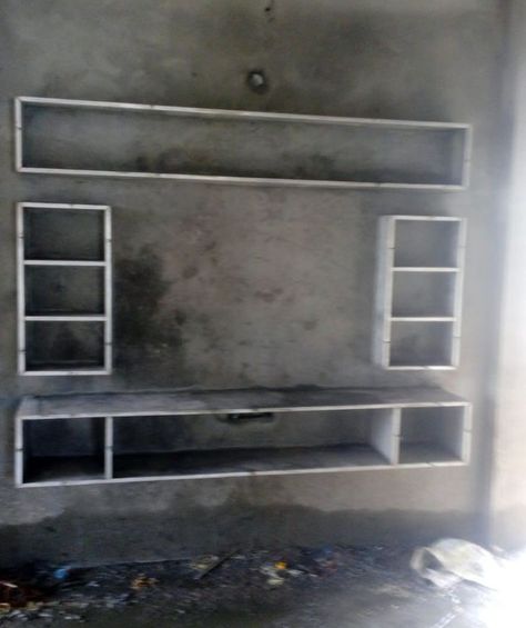 Tv Wall Design Plasterboard, Tv Design With Cement, Tv Unit Design Cement Work, Hall Self Design With Cement, Tv Unit Simple Design, Shelf Designs For Hall, Tv Shelf Design, Tv Cabinet Wall Design, Tv Cupboard Design