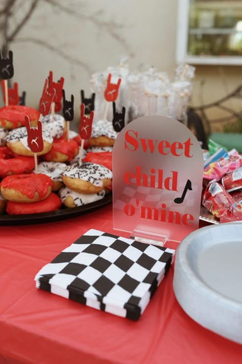 Rock Show Birthday Party, Rock N Roll Party Centerpieces, Two Year Old Rock Party, Rock Star 1st Birthday Party Ideas, Rocker First Birthday Party, One Rocks First Birthday Backdrop, Born To Rock Centerpieces, Bon Jovi Themed Party, Rock N Roll Theme Birthday Party