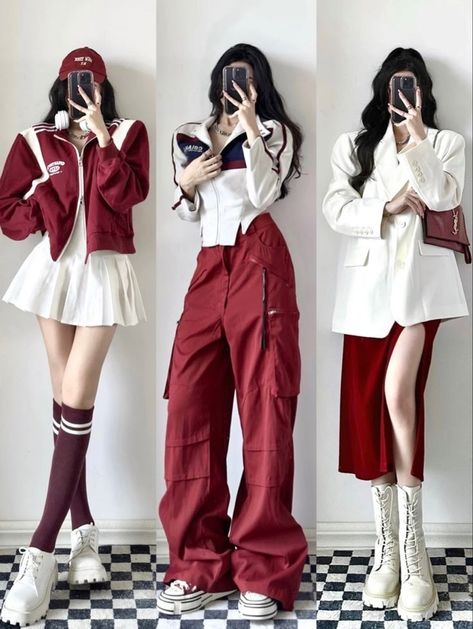 Stylish Outfits Korean, Korean Kpop Outfits, Red Outfit Korean, Ulzzang Outfit, Mode Emo, Fashion Kawaii, Girl Fashion Style, Cute Dress Outfits, Mode Kpop