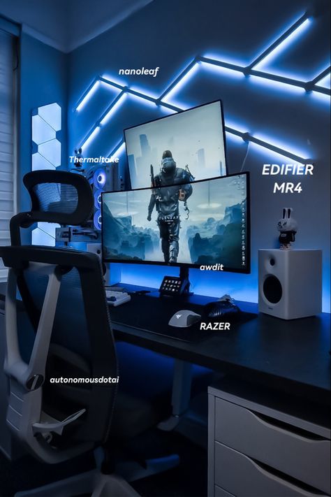 #EDIFIER #StudioMonitor #Speakers #DeskSetup #Setupideas #Edifier #SetupGoals #Decoratingideas #homedecoration #homeaudio #homespeakers #bookshelfspeakers #musicprints #musicrecommendation #blue #lifestyles #vibes #soundquality #neonlights Black White And Blue Gaming Setup, Black And Blue Pc Setup, Black And Blue Gaming Setup, Blue Pc Setup, Blue Desk Setup, Blue Gaming Setup, Blue Outfit Men, Gaming Computer Room, Pc Room