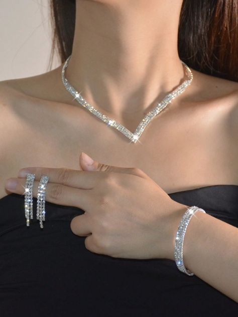 Silver  Collar  Copper Alloy   Embellished   Women's Fashion Jewelry Jewelry For Ball Gowns, Silver Jewellery For Prom, Expensive Silver Jewelry, Wedding Silver Jewelry, Silver Jewelry Formal, Jewelry Accessories Necklaces Silver, Formal Silver Jewelry, Silver Hoco Jewelry, Silver Formal Jewelry