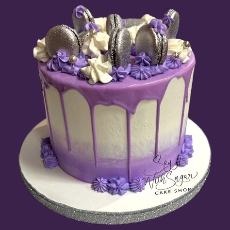 Purple and silver birthday cake #purple #silver #macarons #sayitwithsugar #sayitwithsugarcakeshop #birthdaycake #cake #dallascakes #dfwcakes #dallas #texas #discoverwylie #downtownwylie #wylie #bakery #wyliebakery #cakesofinstagram #edible #shoplocal #historicdowntownwylie #shopwylie Purple And Silver Birthday Cake, Silver Macarons, Birthday Cake Purple, Silver Birthday Cake, White And Gold Cake, Cake Purple, Purple Cakes, Silver Birthday, Purple And Silver