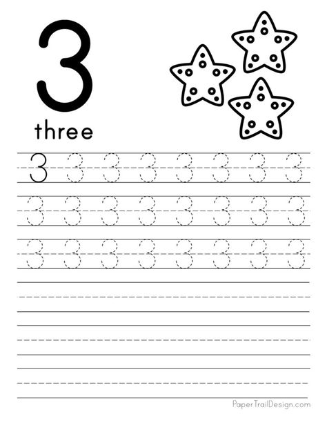 Free printable tracing number 3 worksheets. Free number tracing sheets are perfect for number writing practice for preschool and kindergarten. #papertraildesign #preschool #kindergarten #handwritingprintables Number 3 Tracing Worksheets, Number 3 Writing Practice, Number 3 Worksheet Preschool, Number 4 Tracing Worksheet, Trace Number 4 Worksheet, Sensory Phonics, Tracing Numbers 1-10 Preschool, Number Practice Worksheets, Tracing Numbers 0-5