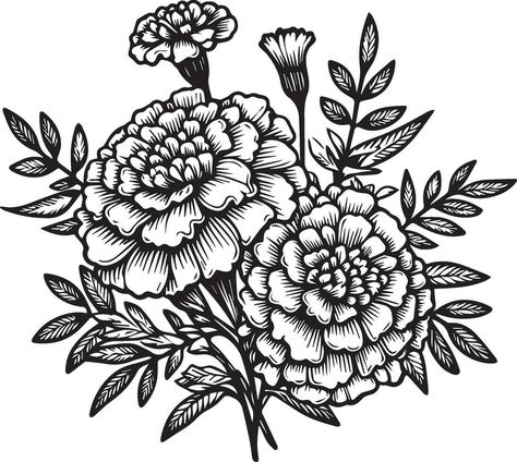 Cute flower coloring pages, marigold drawing, yellow marigold flower drawing, Hand drawn botanical spring elements bouquet of marigold line art coloring page, easy flower drawing. primrose flower art Flower Sleeve Stencil, Marigold Flower Svg, Mary Gold Flower Drawing, Marigold Black And White Tattoo, Drawing Marigold Flowers, Marigold Hand Tattoo, Marigold Flower Art, Mexican Flower Drawing, Merigold Aesthetic Flower Tattoo