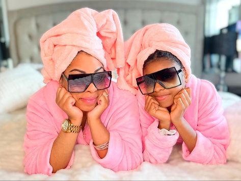 Mother daughter bathrobe photoshoot African American pink aesthetic spa like sunglasses bedroom vibes Bathrobe Photoshoot, Photoshoot African, Mother Daughter Vacation, Mommy Daughter Dates, Vet Doctor, Bedroom Vibes, Vision 2024, 40 & Fabulous, Mommy Daughter