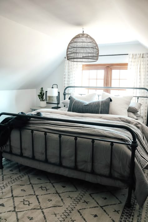 Dormer Master Bedroom with a new Affordable Rug and Finishing Touches! - Nesting With Grace Attic Guest Bedroom Sloped Ceiling, Cape Cod Loft Bedroom, Cape Cod Style Upstairs Bedroom, Cape Ceiling Bedroom Ideas, Cape Cod Upstairs Bathroom, Attic Bedroom Paint Colors, Cape Cod Upstairs Bedroom Master Suite, Cape Cod Ceiling Bedroom, Bungalow Upstairs Bedroom Sloped Ceiling