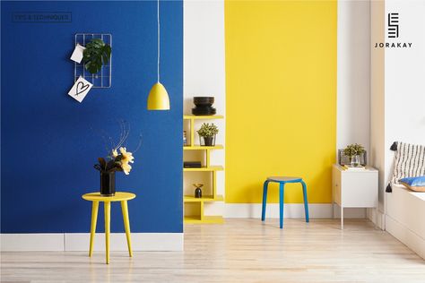 Yellow Wall Interior Design, Blue And Yellow Walls, Blue And Yellow Living Room Color Scheme, Yellow Living Room Paint, Blue And Yellow Office, Blue And Yellow Interior, Blue Yellow Interior, Cobalt Blue Paint, Yellow Painted Walls