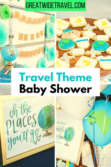 Real life examples and ideas for games, food, and decor from a "welcome to the world" themed baby shower!  #babyshower #babyshowergames #traveltheme #welcometotheworld Travel Theme Baby Shower Ideas, Travel Themed Baby Shower Ideas, Travel Themed Baby Shower, Theme Baby Shower Ideas, Themed Baby Shower Ideas, Baby Potato, Unique Baby Shower Themes, Vintage Travel Themes, Travel Baby Shower Theme