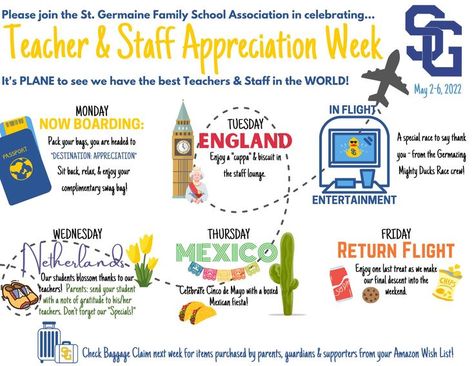 Travel Theme Teacher Appreciation Week, Around The World Teacher Appreciation, Teacher Appreciation Breakfast, Ptso Ideas, Teacher Appreciation Week Themes, Hospitality Ideas, School Wide Themes, Teacher Retirement Parties, Classroom Volunteer