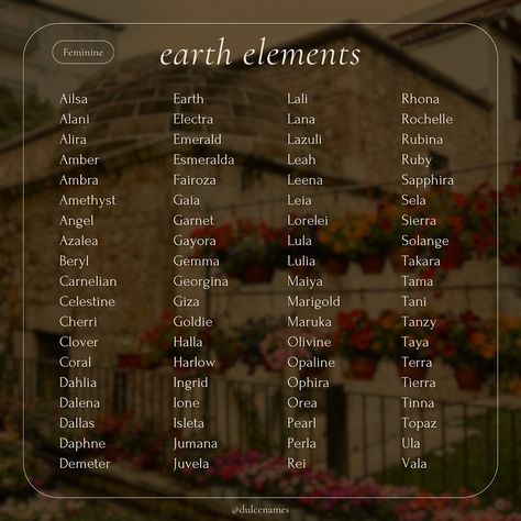 Earth Elements 🌿🌼 I've created a list of feminine-leaning names that have meanings related to earth such as meadows, flowers, stones, fields, valleys, hills, mountains, gemstones, etc. My favorites are Esmeralda, Ruby, Marigold, Tanzy, Gaia, and Lula 🌺 Let me know which caught your attention and leave some name combos below!! Disclaimer: The information in this post is not my own and is found widely available from various online sources. This post is for entertainment purposes only, not e... Earth Names And Meanings, Earth Related Names, Jewel Names, Names That Mean Earth, Names Meaning Earth, Elemental Names, Earth Names, Leaves Name, Writing Prompts Poetry