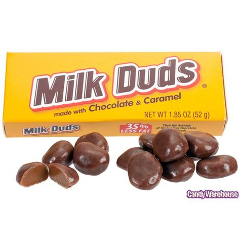 Milk Duds | According to the manufacturer, the word "Milk" in the name refers to the large amount of milk in the product; the use of "dud" came about because the original aim of having a perfectly round piece was found to be impossible. Milk Duds were first created in 1926 by S. le Noble. Purple Cake Pops, 90s Candy, Milk Duds, Penny Candy, Food Chains, Caramel Candy, Chocolate Brands, Fast Food Chains, Funnel Cake