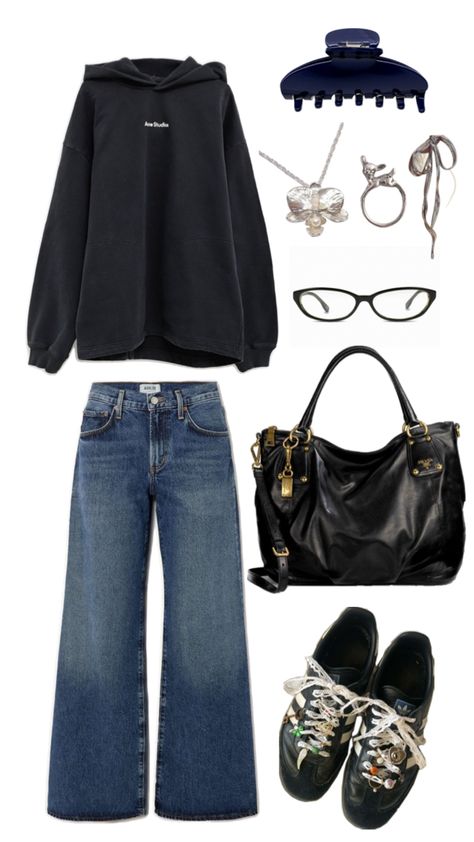 Acne Studios hoodie, Adidas Samba, Jeans, big black bag, silver jewelry, glasses, hair clip Glasses Aesthetic Outfit, Acne Studios Outfit, Big Glasses Aesthetic, Glasses Outfit, Hoodie Adidas, Clothing Studio, Bag Silver, Everyday Outfit, Different Outfits