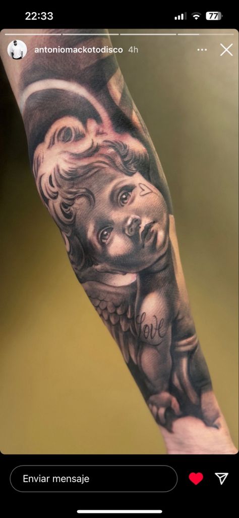 Large Angel Tattoo, Back Tattoo Portrait, Baby Jesus Tattoo, Angel Arm Tattoo, Top Arm Tattoo, Angel Hand Tattoo, Angel Name Tattoo, Angel Tattoo Arm, Cherub Angel Tattoo