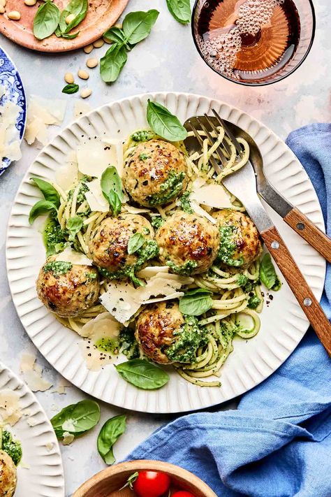 Turkey Meatballs Paleo, Turkey Pesto Meatballs, Meatballs Turkey, Pesto Meatballs, Meatball Pasta Bake, Italian Pesto, Ground Turkey Meatballs, Juicy Meatballs, Homemade Pesto Sauce