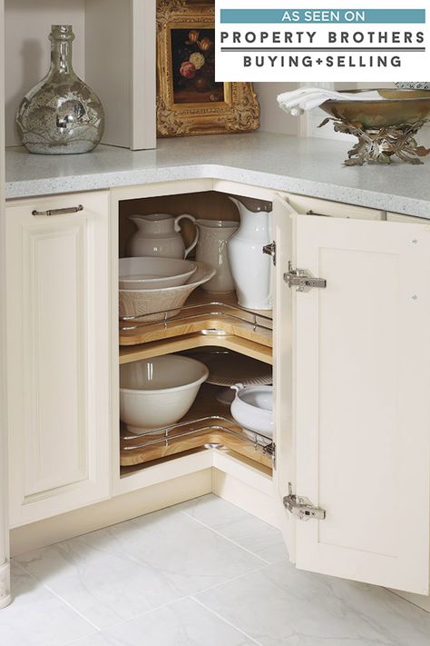 Kitchen Organization Products - Diamond Cabinets Lazy Susan Cabinet Organization, Kitchen Lazy Susan, Kitchen Corner Cupboard, Kitchen Hardware Trends, Kitchen Cabinet Organization Layout, L Shaped Bathroom, Lazy Susan Cabinet, Diamond Cabinets, Corner Cabinets