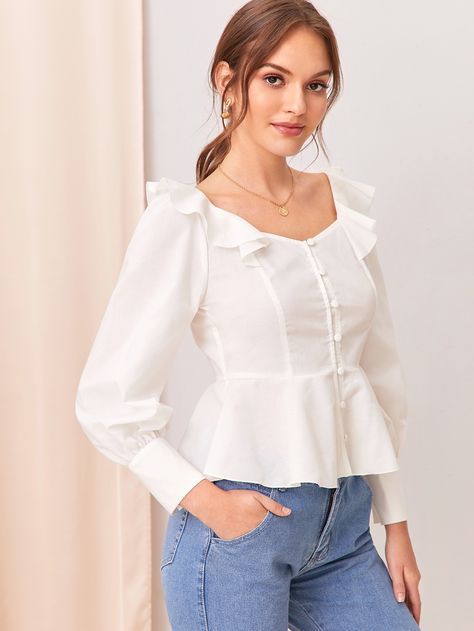 Outfit Elegantes, Top With Jeans, Fancy Tops, Top Shein, Fashion Tops Blouse, Top Ideas, Trendy Fashion Tops, Stylish Top, Pretty Blouses