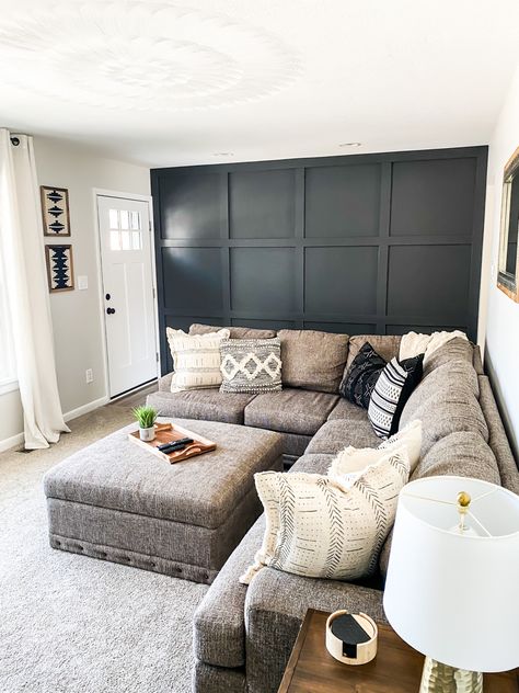 Charcoal Accent Wall Living Room, Couch Accent Wall, Cheating Heart Benjamin Moore, Accent Wall Benjamin Moore, Living Room Board, Basement Finish, Flip House, Room Things, Over The Couch