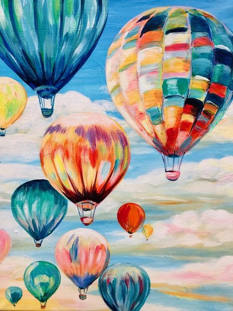 Cute Canvas Paintings, Art N Craft, Hot Air Balloons, Pen And Watercolor, Impressionist Paintings, Night Art, Amazing Art Painting, Air Balloons, Painting Art Projects